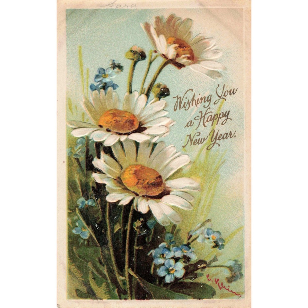 Antique Embossed New Year Postcard Daisies Forget-Me-Nots Germany 1006 - Picture 1 of 2